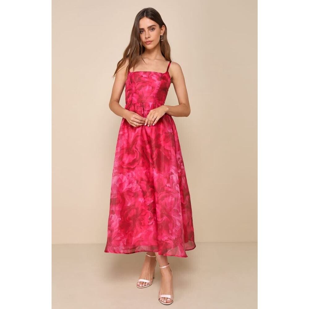 Lulu’s Darling Icon Lace-Up Midi Dress Size Extra Large Dark Pink Floral Organza